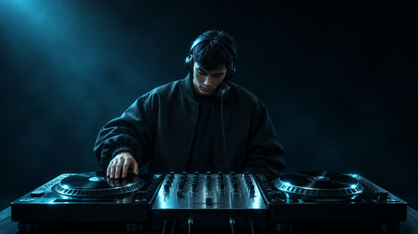 Kai Oro behind two turntables in cyan haze, head down, one hand on the jog wheel