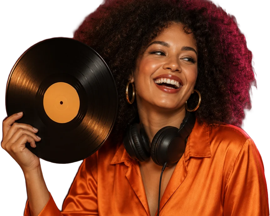 Nina Delacroix laughing with a record held up beside her face, headphones round her neck