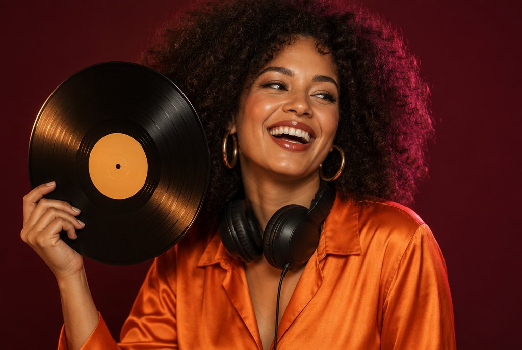 Nina at a studio session holding a 12 inch record